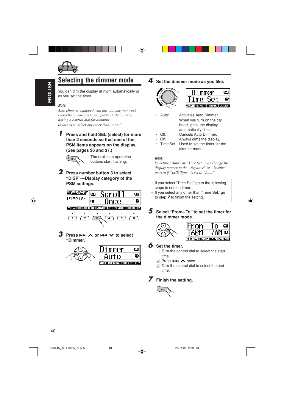 Selecting the dimmer mode | JVC KD-LH305 User Manual | Page 40 / 62