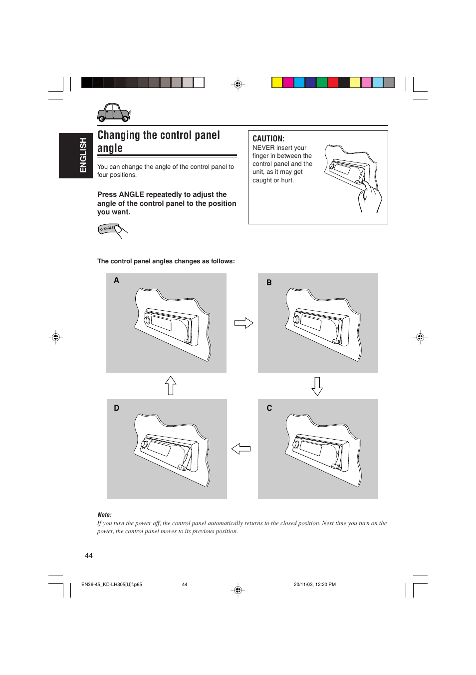 Changing the control panel angle | JVC KD-LH305 User Manual | Page 44 / 62