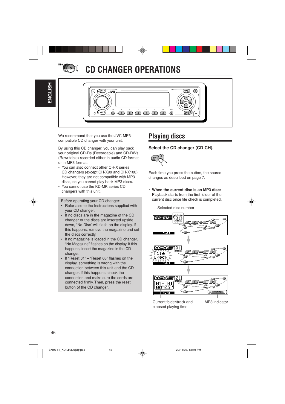 Cd changer operations, Playing discs | JVC KD-LH305 User Manual | Page 46 / 62