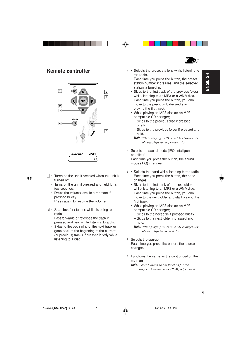 Remote controller, English | JVC KD-LH305 User Manual | Page 5 / 62