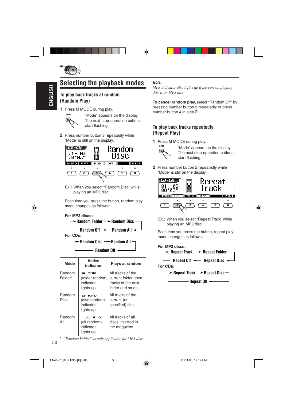 Selecting the playback modes | JVC KD-LH305 User Manual | Page 50 / 62