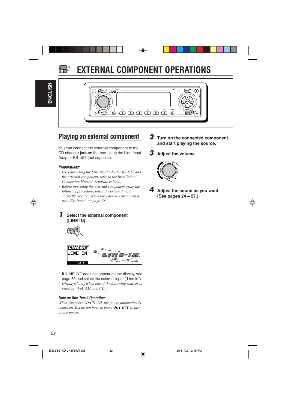 External component operations, Playing an external component | JVC KD-LH305 User Manual | Page 52 / 62