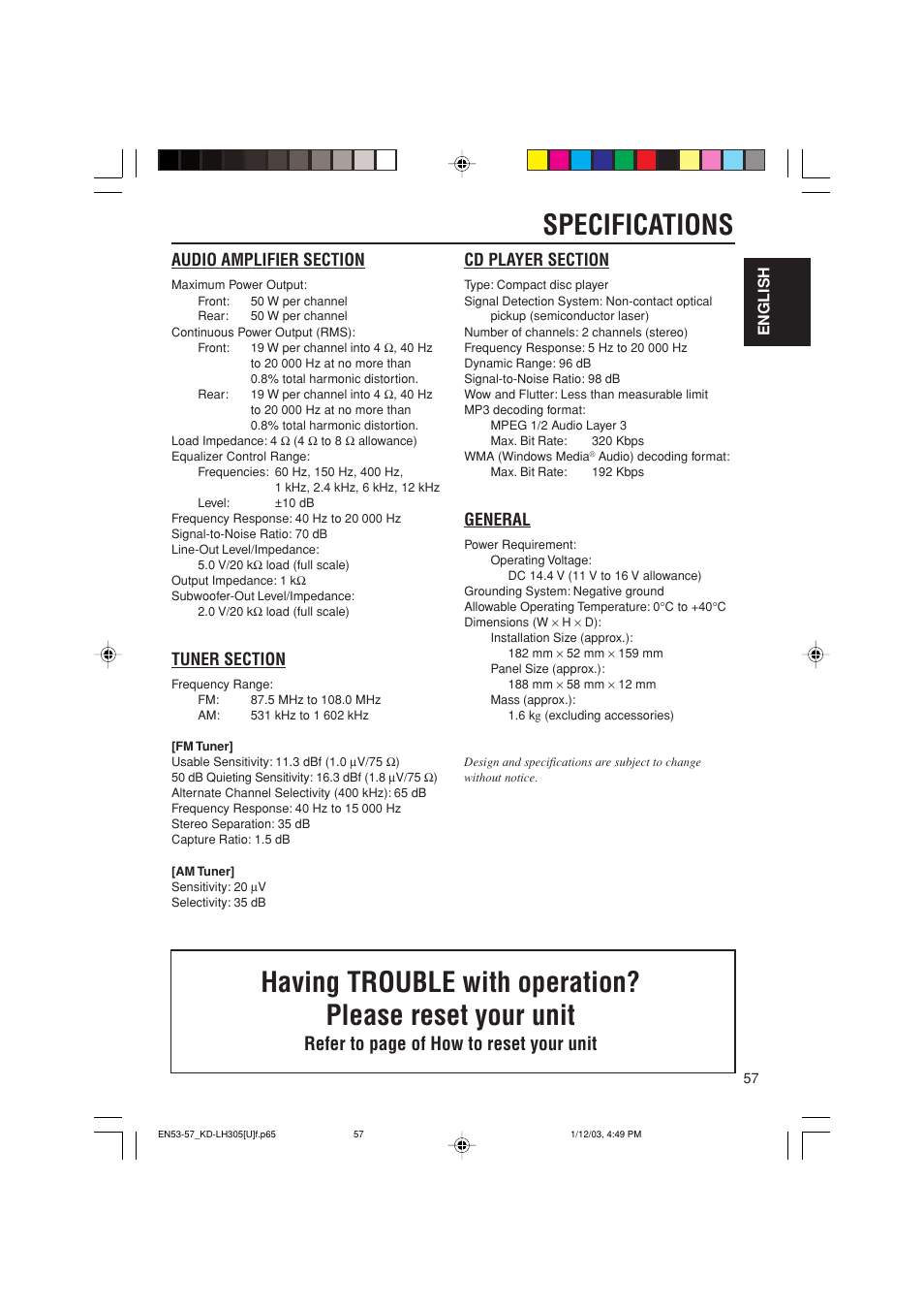 Specifications, Refer to page of how to reset your unit, General | JVC KD-LH305 User Manual | Page 57 / 62