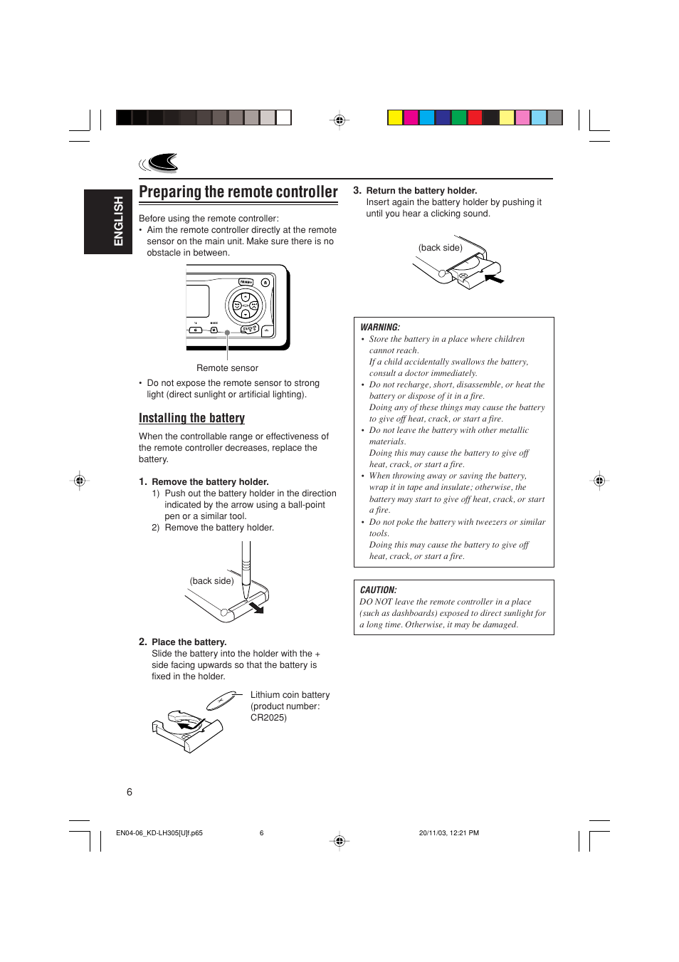 Preparing the remote controller, Installing the battery, English | JVC KD-LH305 User Manual | Page 6 / 62