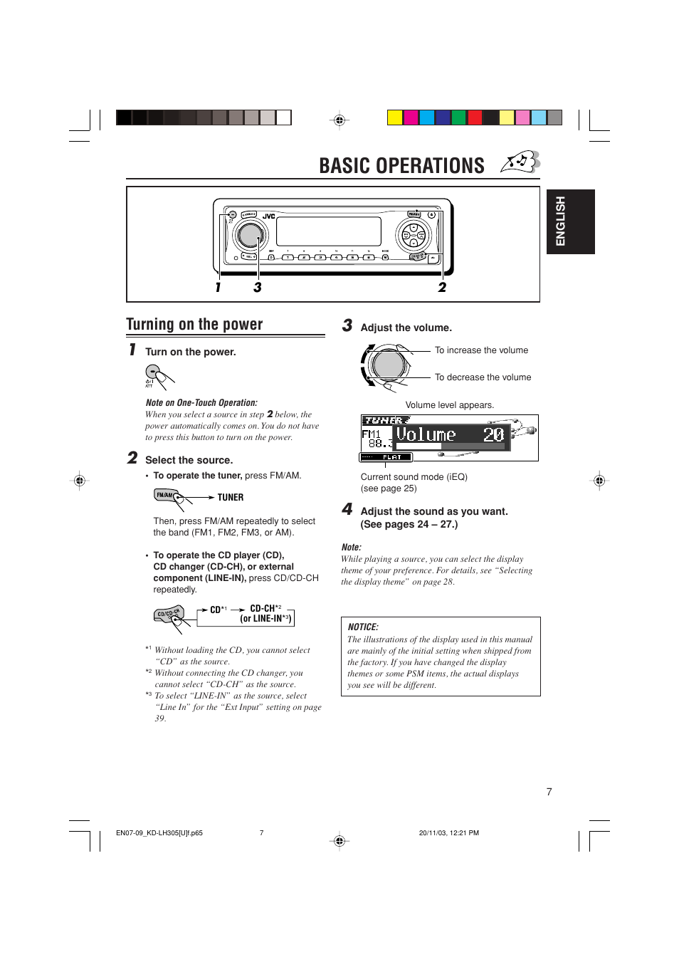 Basic operations, Turning on the power 1 | JVC KD-LH305 User Manual | Page 7 / 62