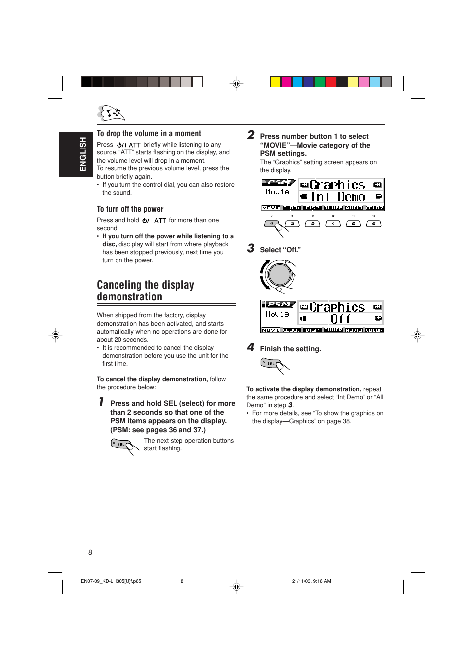 Canceling the display demonstration | JVC KD-LH305 User Manual | Page 8 / 62