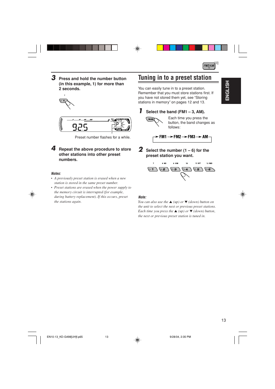 Tuning in to a preset station | JVC KD-G498 User Manual | Page 13 / 34