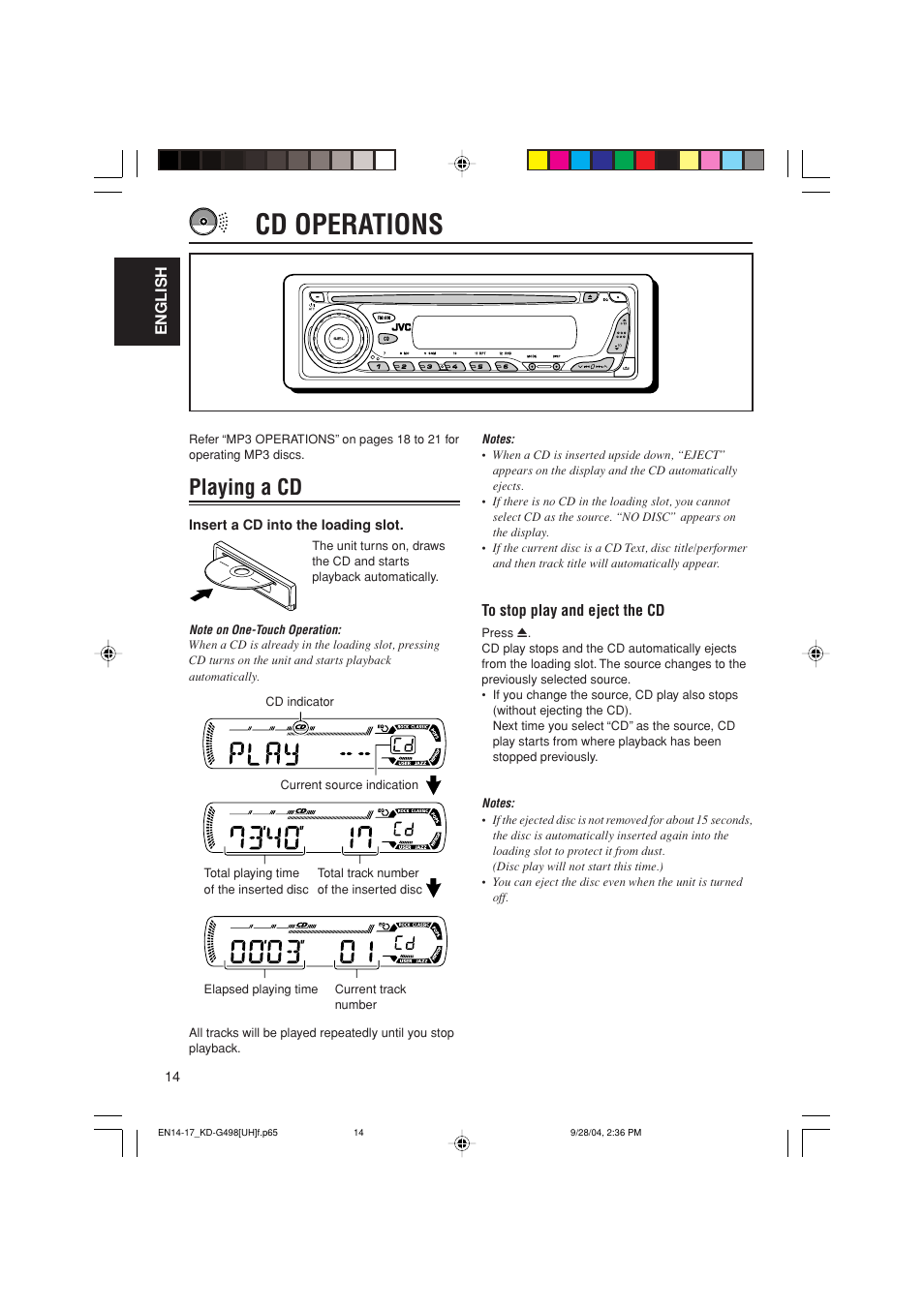 Cd operations, Playing a cd | JVC KD-G498 User Manual | Page 14 / 34