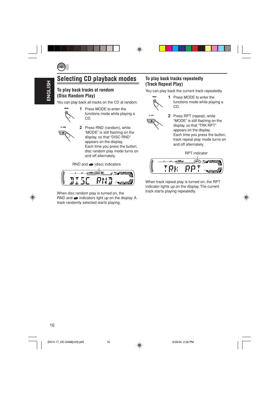 Selecting cd playback modes | JVC KD-G498 User Manual | Page 16 / 34