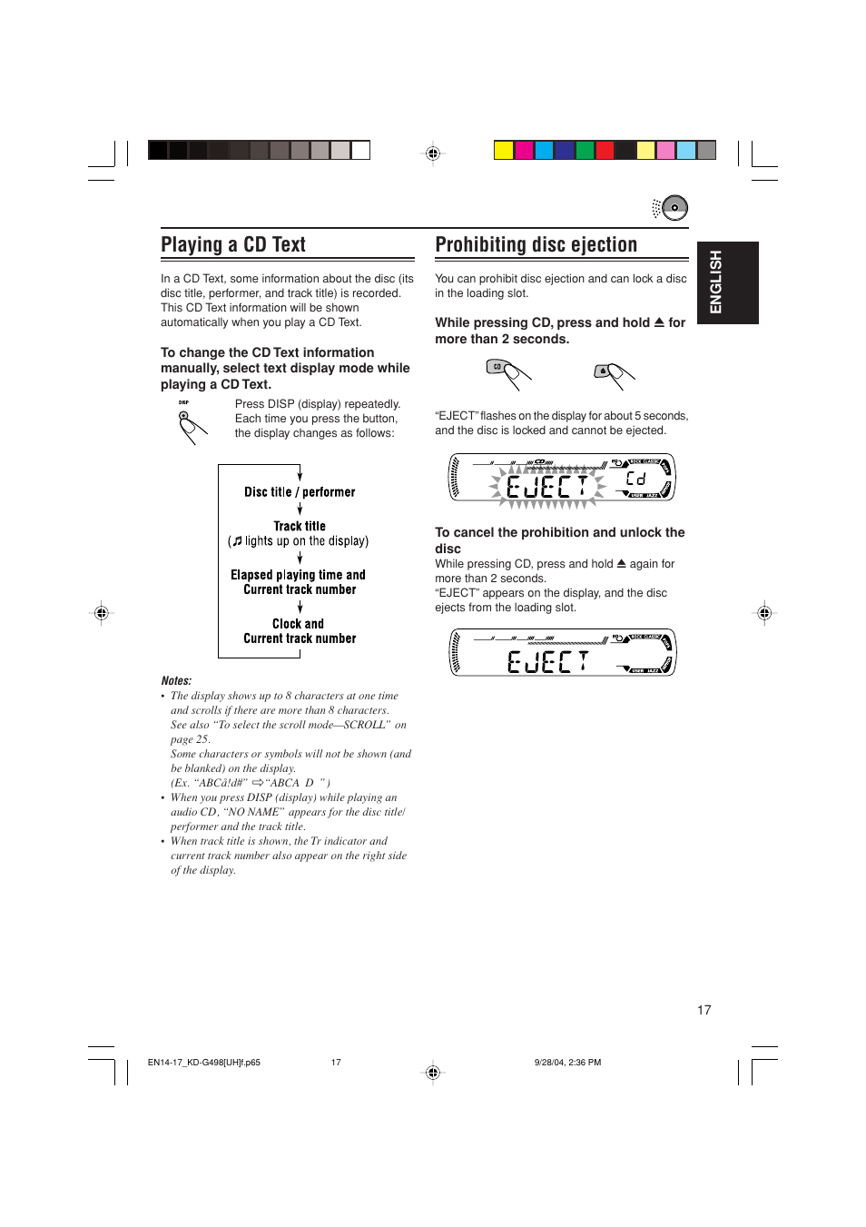 Prohibiting disc ejection, Playing a cd text | JVC KD-G498 User Manual | Page 17 / 34