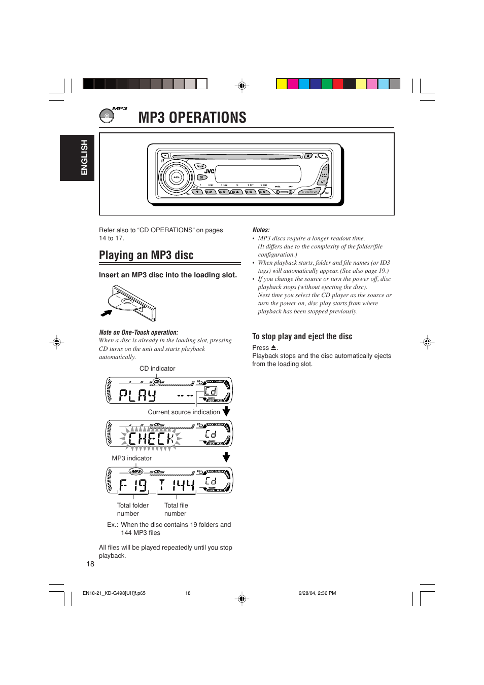 Mp3 operations, Playing an mp3 disc | JVC KD-G498 User Manual | Page 18 / 34