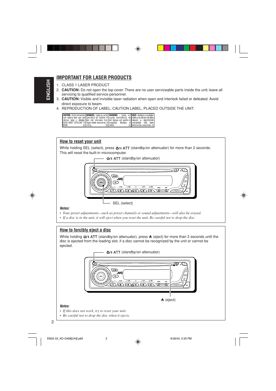 Important for laser products, English how to reset your unit, How to forcibly eject a disc | JVC KD-G498 User Manual | Page 2 / 34