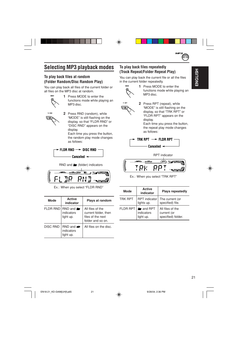 Selecting mp3 playback modes, English | JVC KD-G498 User Manual | Page 21 / 34