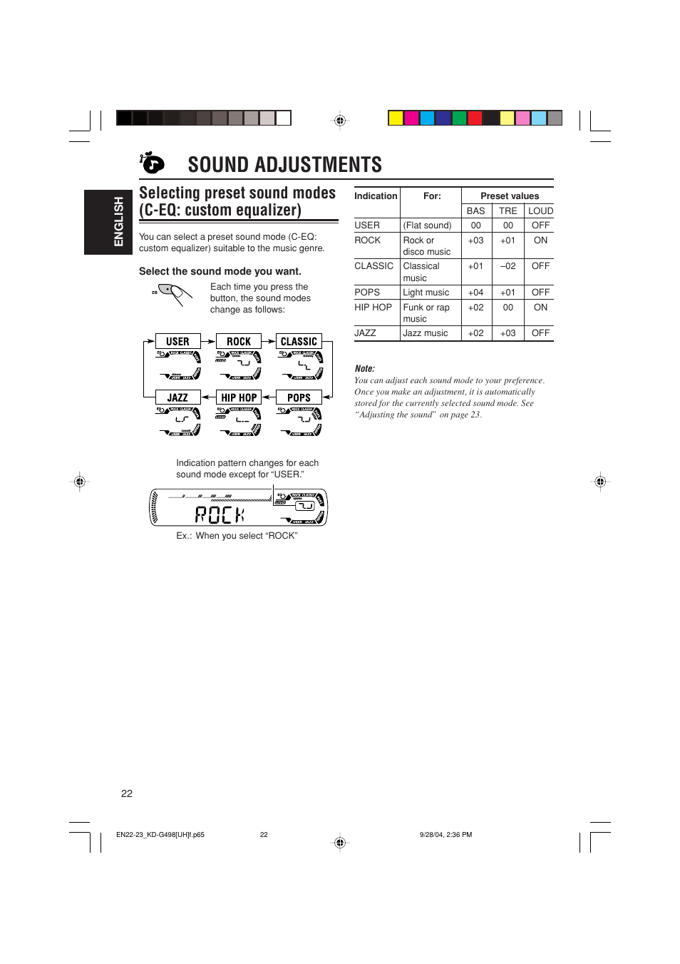 Sound adjustments, English | JVC KD-G498 User Manual | Page 22 / 34