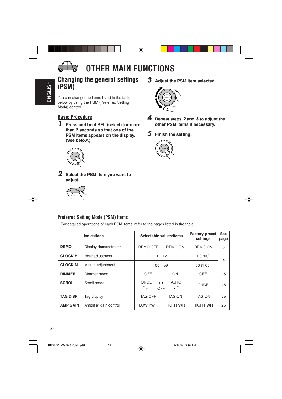 Other main functions, Changing the general settings (psm), Basic procedure | JVC KD-G498 User Manual | Page 24 / 34