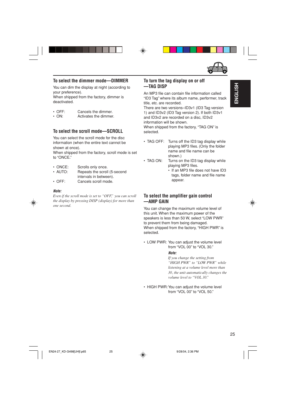 English to select the dimmer mode—dimmer | JVC KD-G498 User Manual | Page 25 / 34