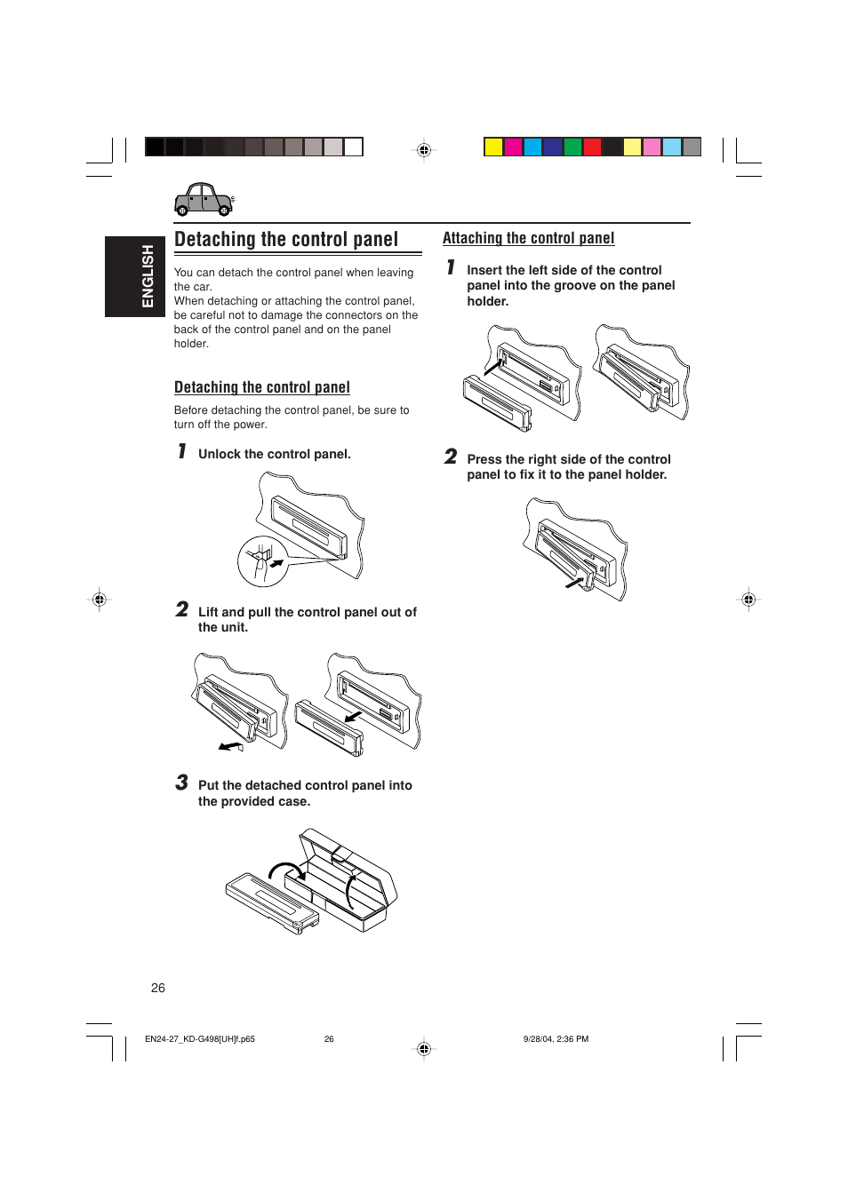 Detaching the control panel | JVC KD-G498 User Manual | Page 26 / 34