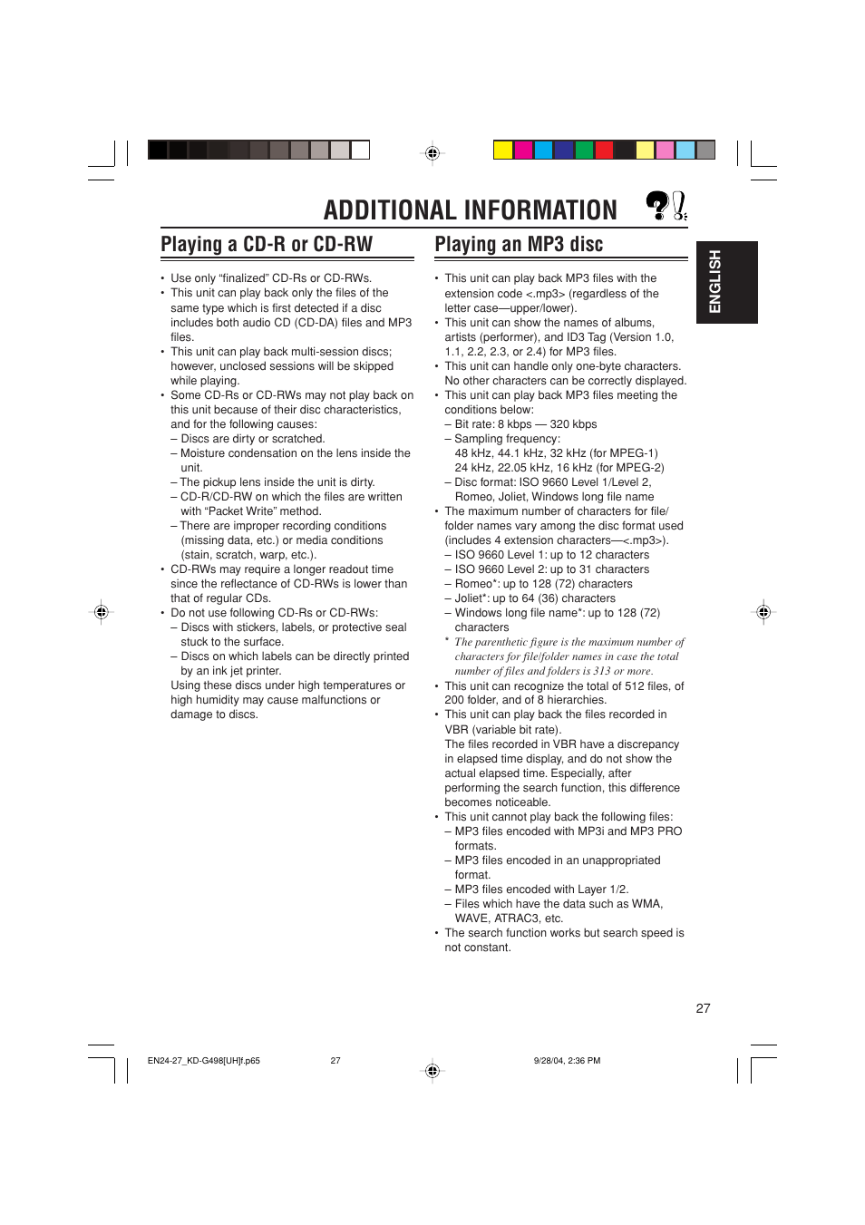 Additional information, Playing a cd-r or cd-rw, Playing an mp3 disc | JVC KD-G498 User Manual | Page 27 / 34