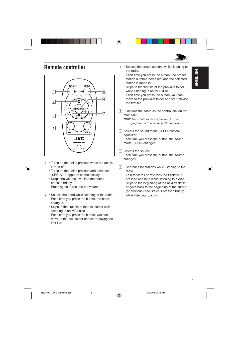 Remote controller, English | JVC KD-G498 User Manual | Page 5 / 34