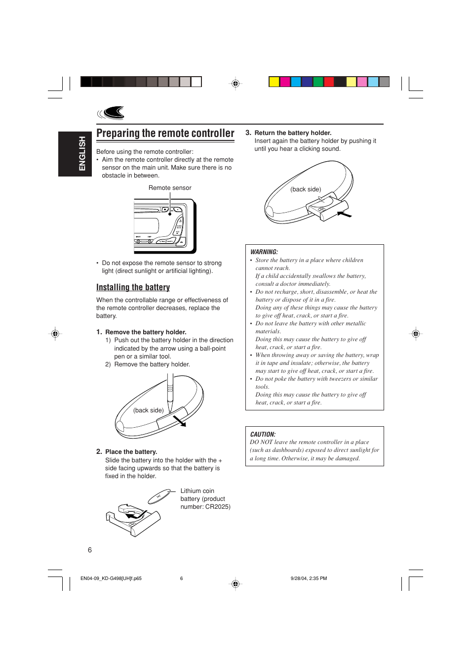 Preparing the remote controller, Installing the battery, English | JVC KD-G498 User Manual | Page 6 / 34