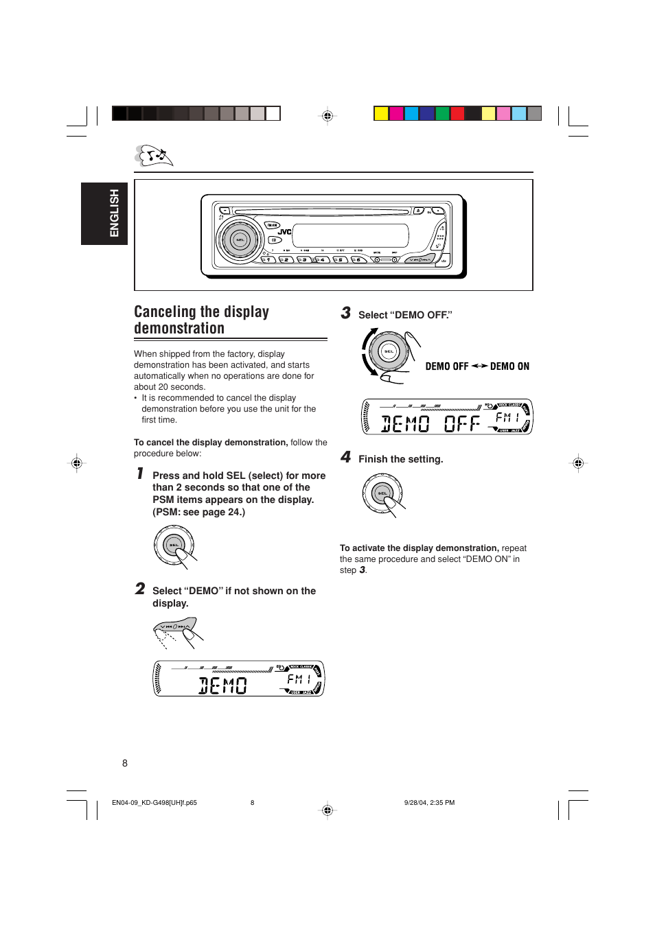 Canceling the display demonstration | JVC KD-G498 User Manual | Page 8 / 34