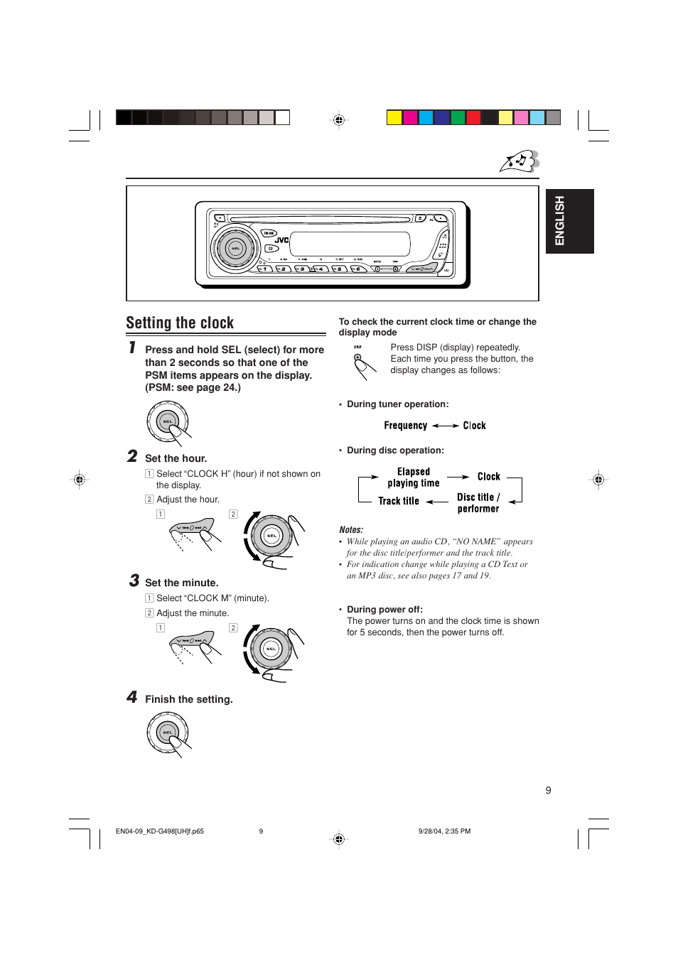 Setting the clock 1 | JVC KD-G498 User Manual | Page 9 / 34