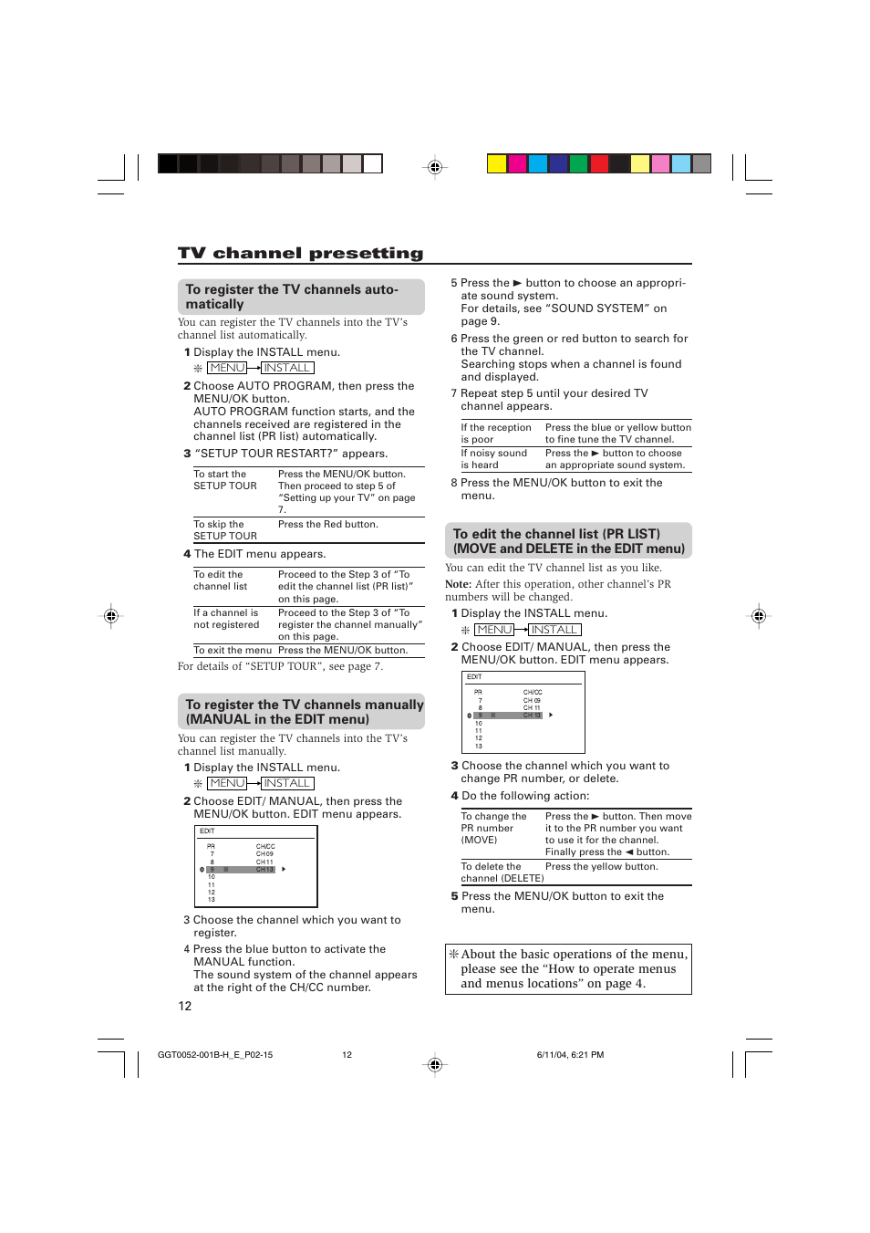 Tv channel presetting | JVC AV-16N214 User Manual | Page 13 / 40