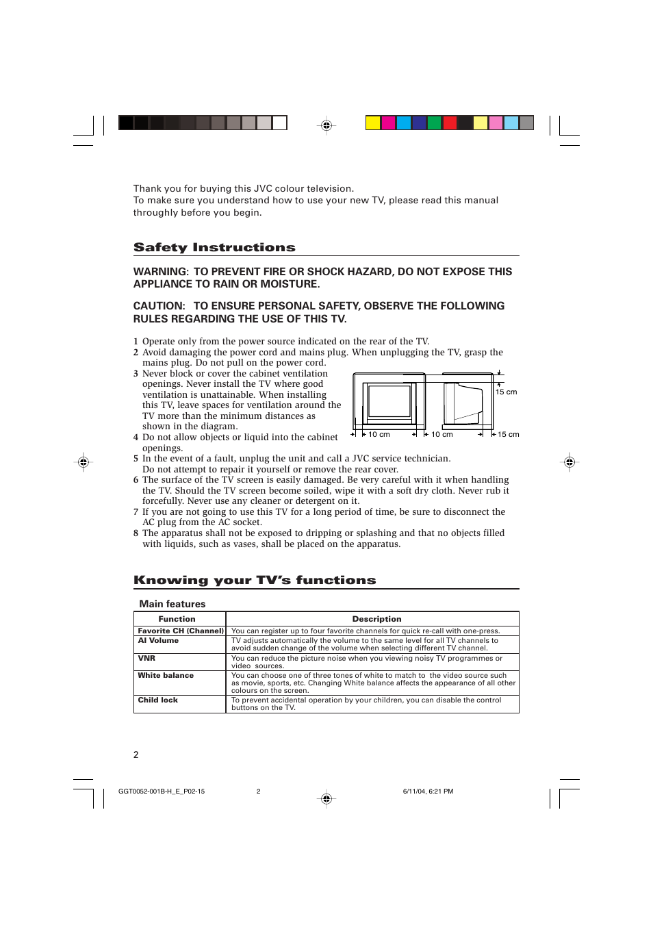 Safety instructions, Knowing your tv’s functions | JVC AV-16N214 User Manual | Page 3 / 40
