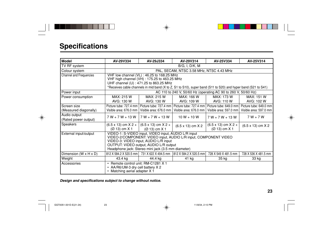 Specifications | JVC AV-16N214 User Manual | Page 39 / 40