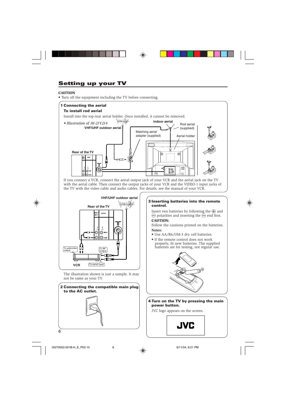 Setting up your tv, Video-1 input video audio output | JVC AV-16N214 User Manual | Page 7 / 40