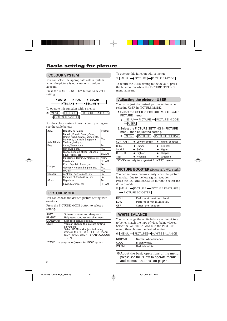 Basic setting for picture | JVC AV-16N214 User Manual | Page 9 / 40