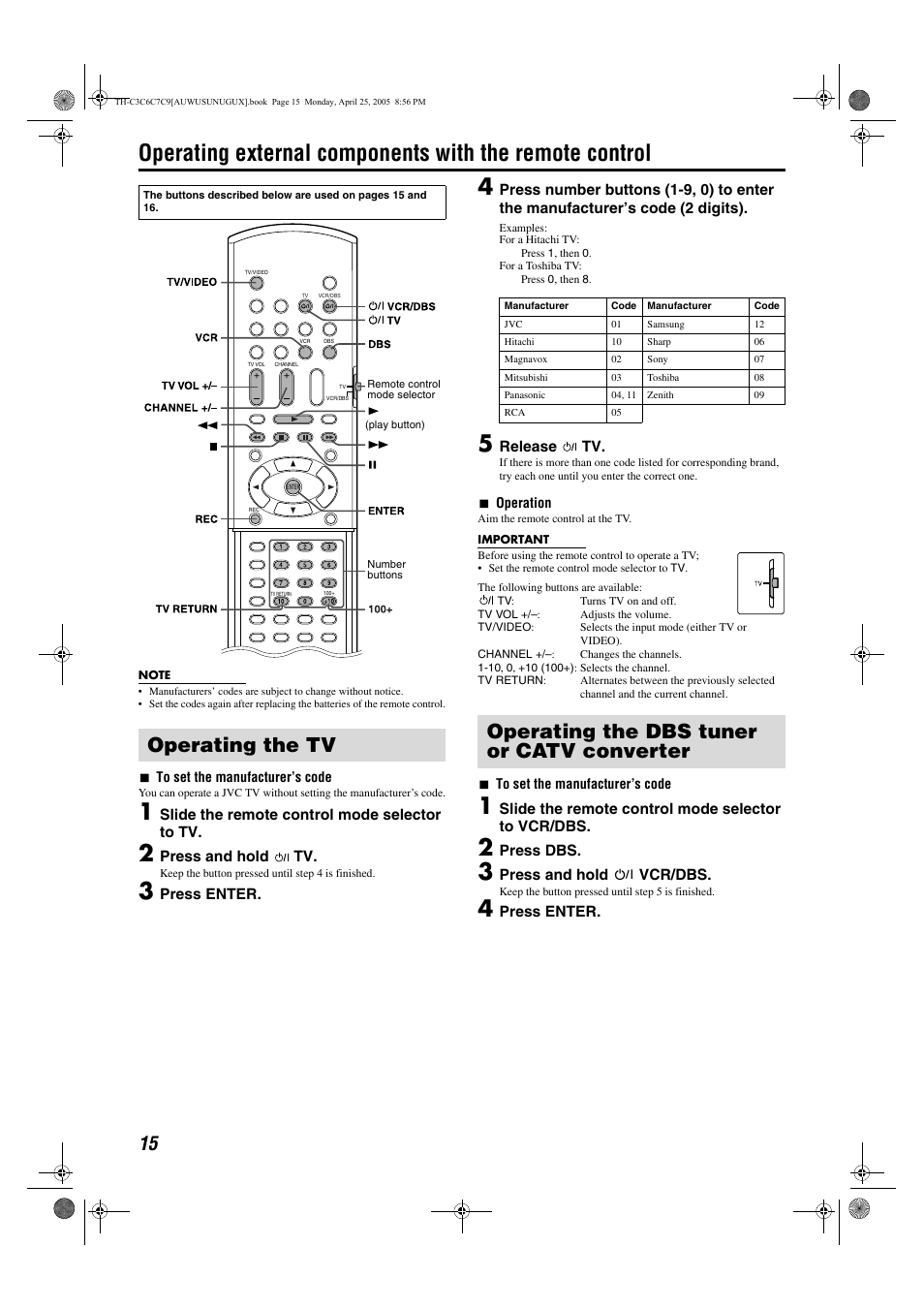 Operating the tv, Operating the dbs tuner or catv converter | JVC GVT0150-008A User Manual | Page 18 / 97