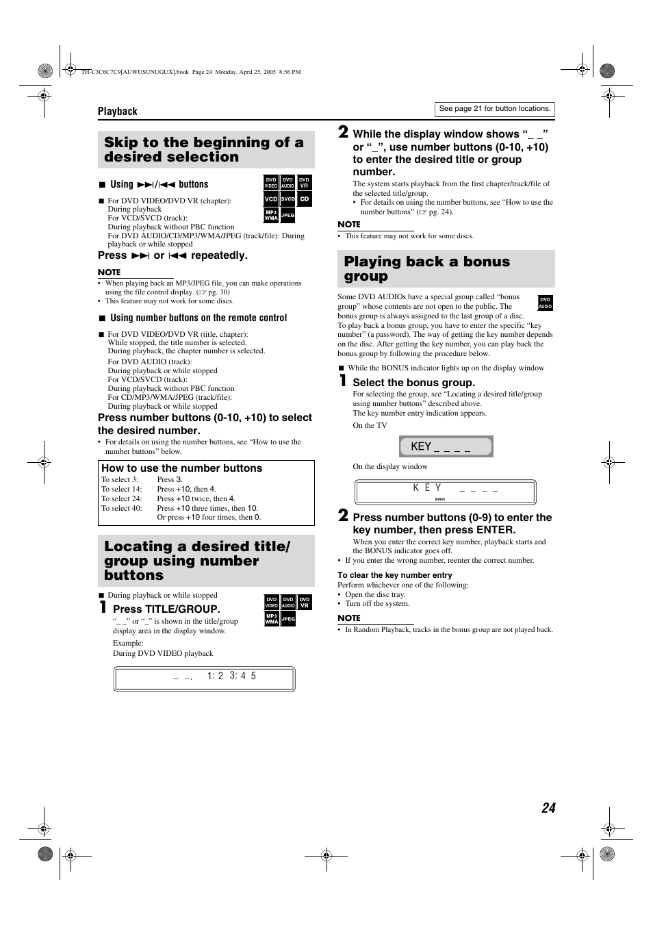 Skip to the beginning of a desired selection, Playing back a bonus group | JVC GVT0150-008A User Manual | Page 27 / 97