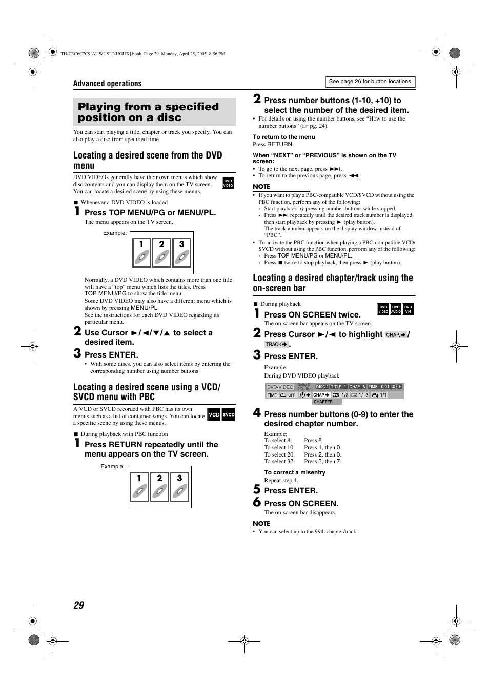 Playing from a specified position on a disc, Locating a desired scene from the dvd menu | JVC GVT0150-008A User Manual | Page 32 / 97