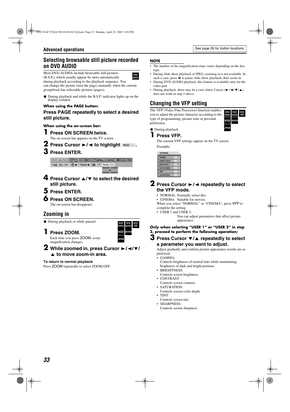 Zooming in, Changing the vfp setting | JVC GVT0150-008A User Manual | Page 36 / 97