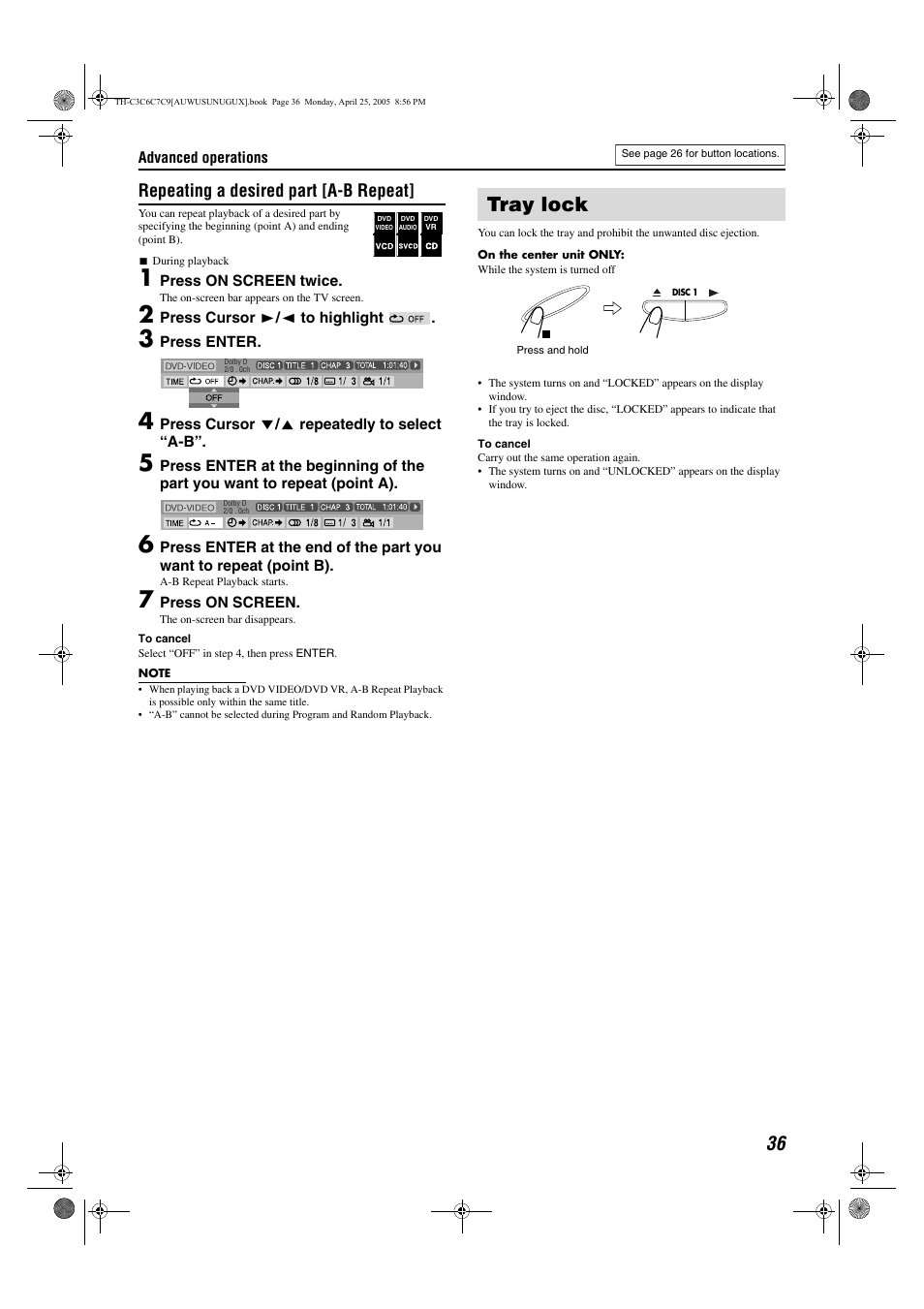 Tray lock, Repeating a desired part [a-b repeat | JVC GVT0150-008A User Manual | Page 39 / 97