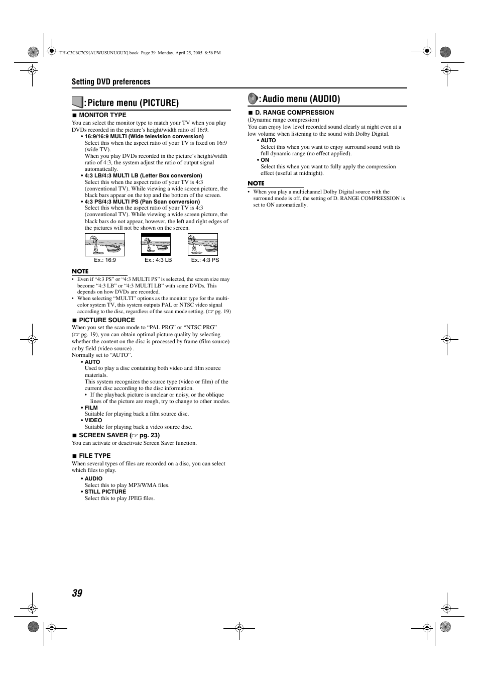 Picture menu (picture), Audio menu (audio), Setting dvd preferences | JVC GVT0150-008A User Manual | Page 42 / 97