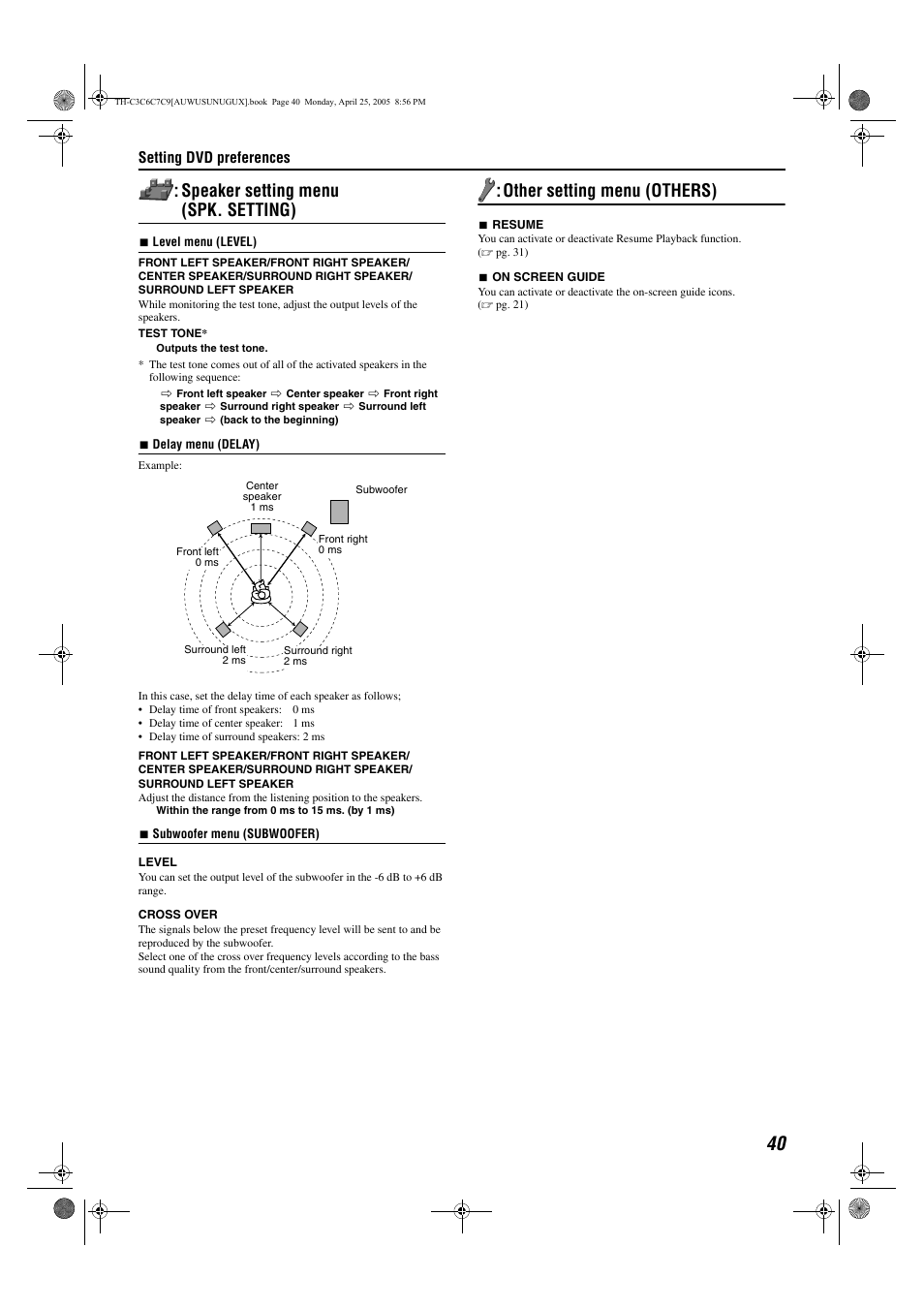 Speaker setting menu (spk. setting), Other setting menu (others) | JVC GVT0150-008A User Manual | Page 43 / 97