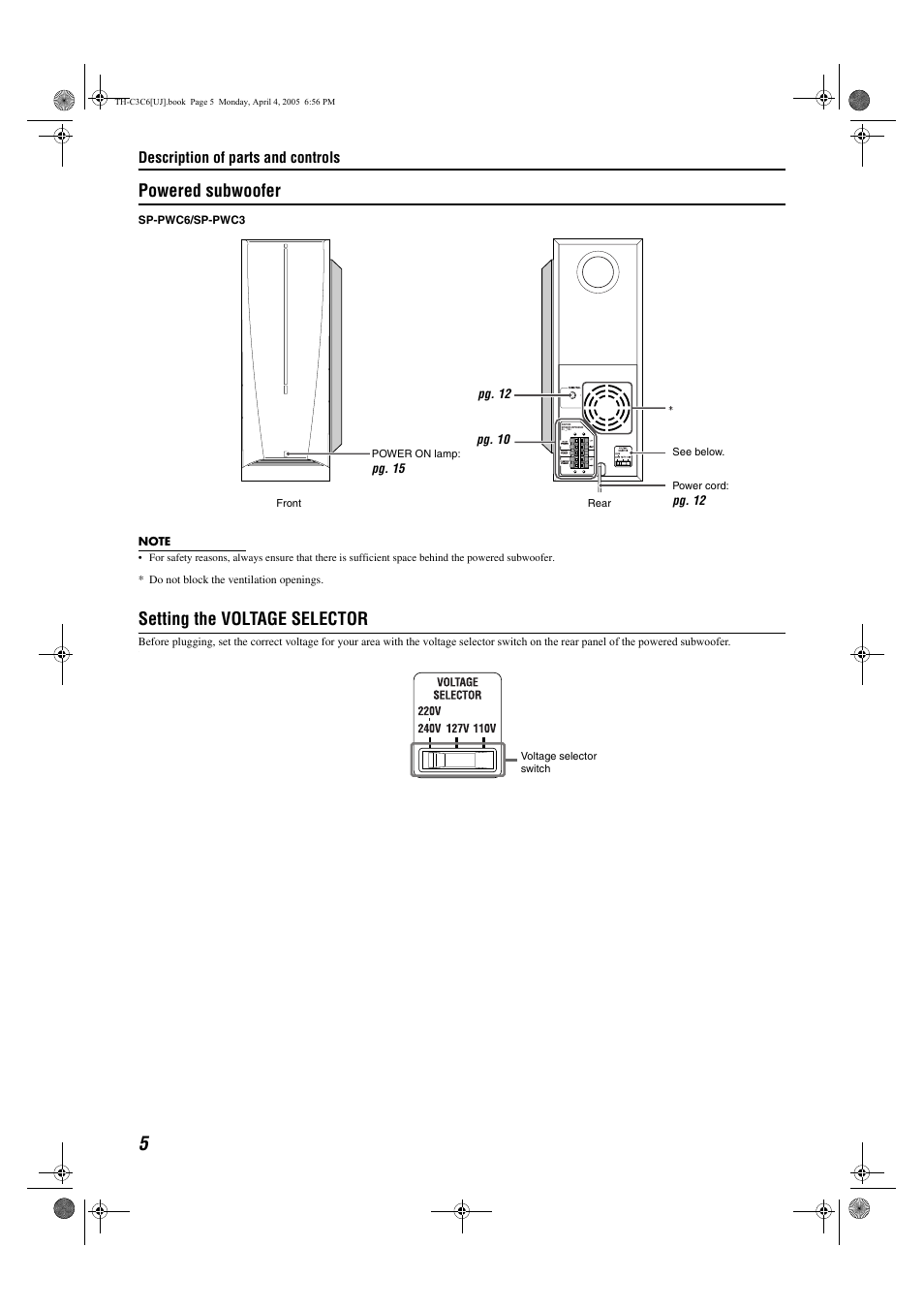 Powered subwoofer, Setting the voltage selector, Description of parts and controls | JVC GVT0150-008A User Manual | Page 57 / 97