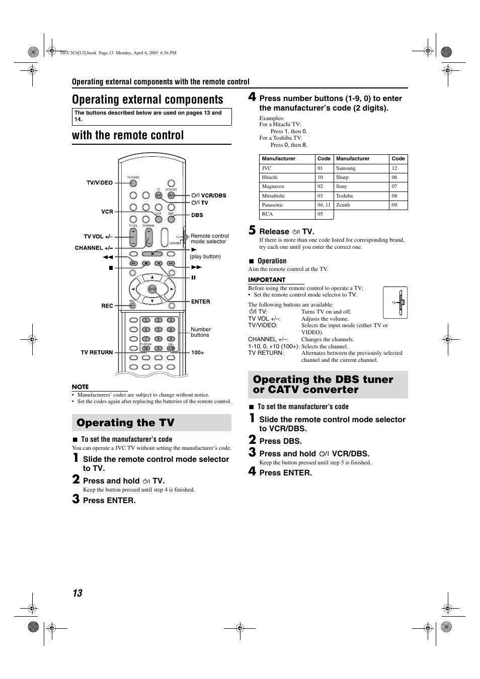 Operating the tv, Operating the dbs tuner or catv converter | JVC GVT0150-008A User Manual | Page 65 / 97