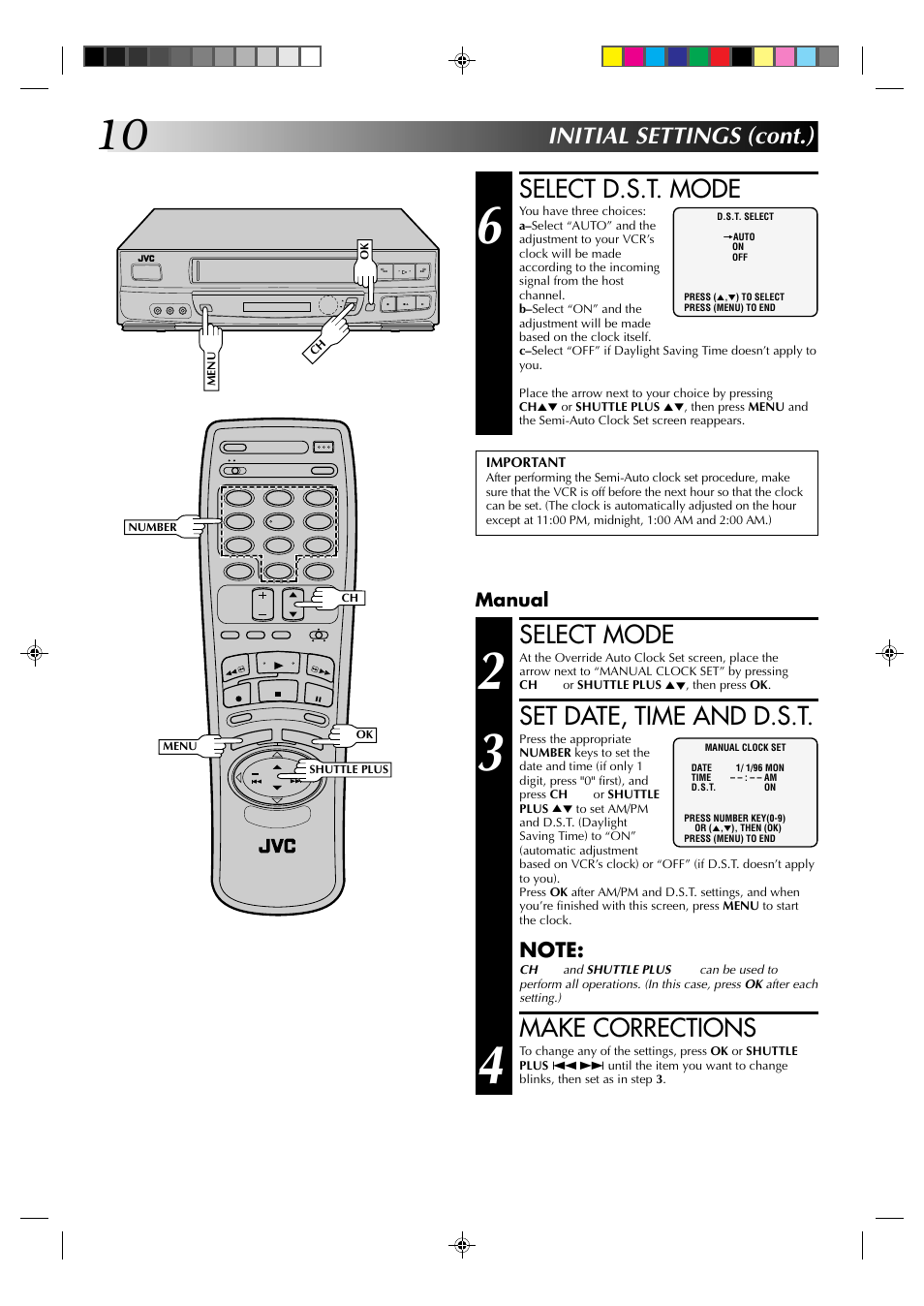 Select d.s.t. mode, Select mode, Set date, time and d.s.t | Make corrections, Initial settings (cont.), Manual | JVC HR-J630U User Manual | Page 10 / 46