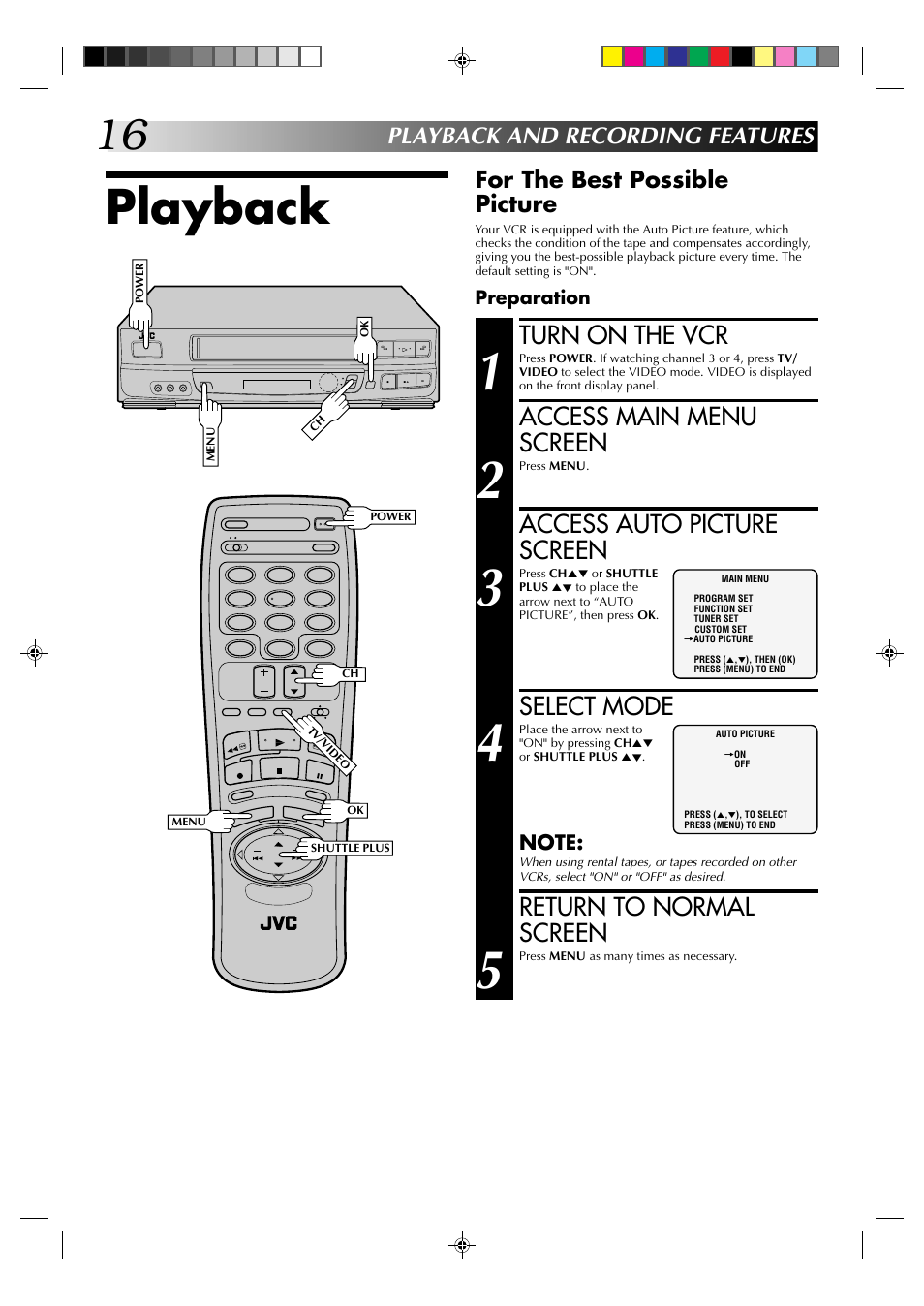 Playback, Turn on the vcr, Access main menu screen | Access auto picture screen, Select mode, Return to normal screen | JVC HR-J630U User Manual | Page 16 / 46