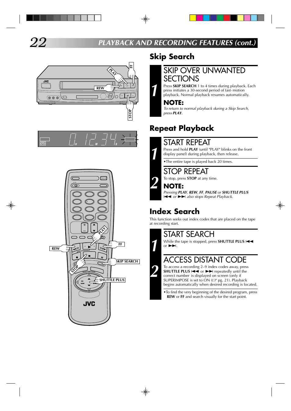 Start search, Access distant code, Start repeat | Stop repeat, Skip search index search, Playback and recording features (cont.), Repeat playback | JVC HR-J630U User Manual | Page 22 / 46
