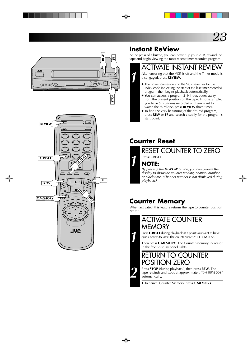 Activate instant review, Return to counter position zero, Reset counter to zero | Instant review, Counter reset | JVC HR-J630U User Manual | Page 23 / 46