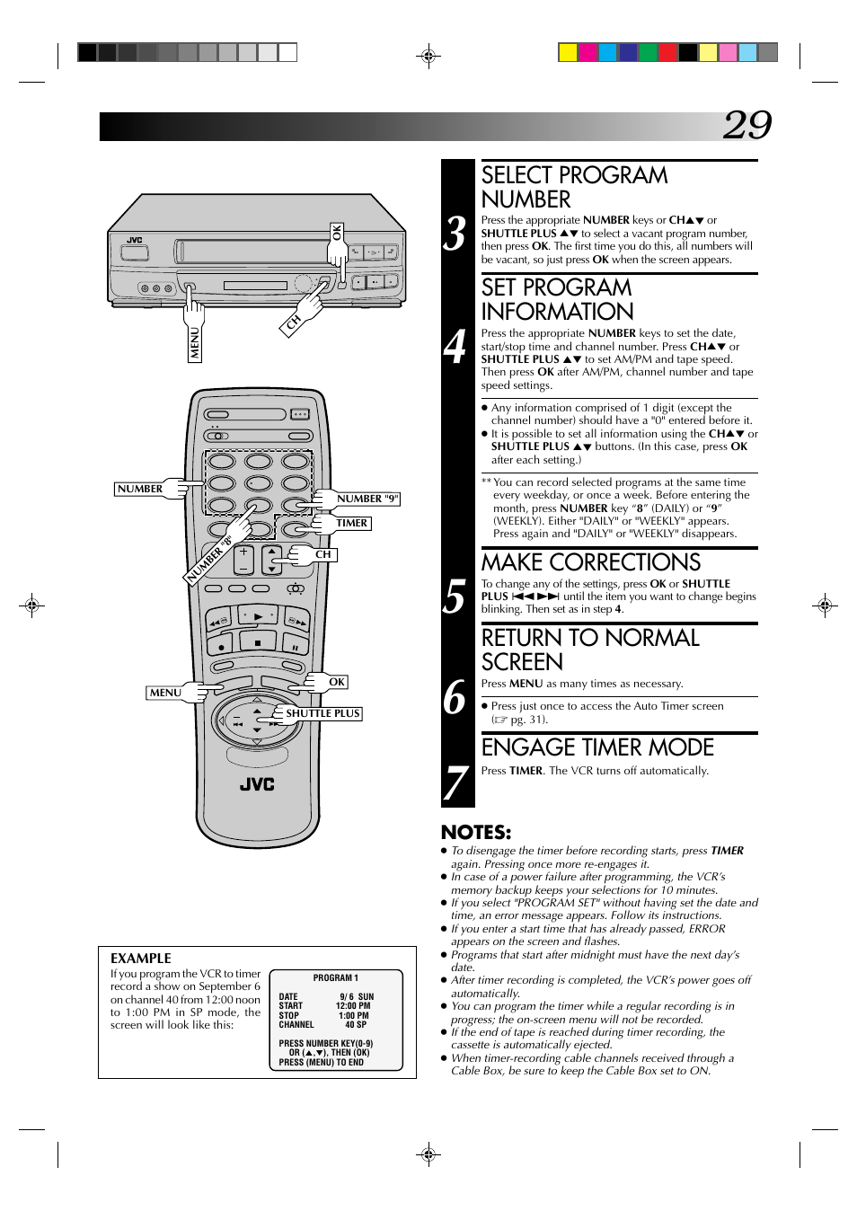 Select program number, Set program information, Make corrections | Return to normal screen, Engage timer mode | JVC HR-J630U User Manual | Page 29 / 46