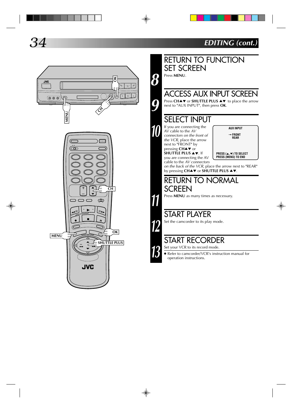 Return to function set screen, Access aux input screen, Select input | Return to normal screen, Start player, Start recorder, Editing (cont.) | JVC HR-J630U User Manual | Page 34 / 46