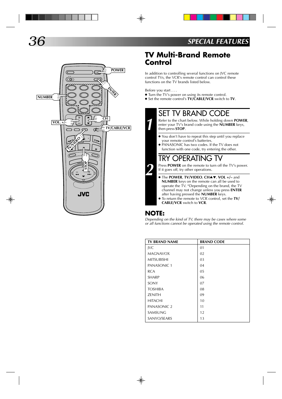 Set tv brand code, Try operating tv, Special features | Tv multi-brand remote control | JVC HR-J630U User Manual | Page 36 / 46