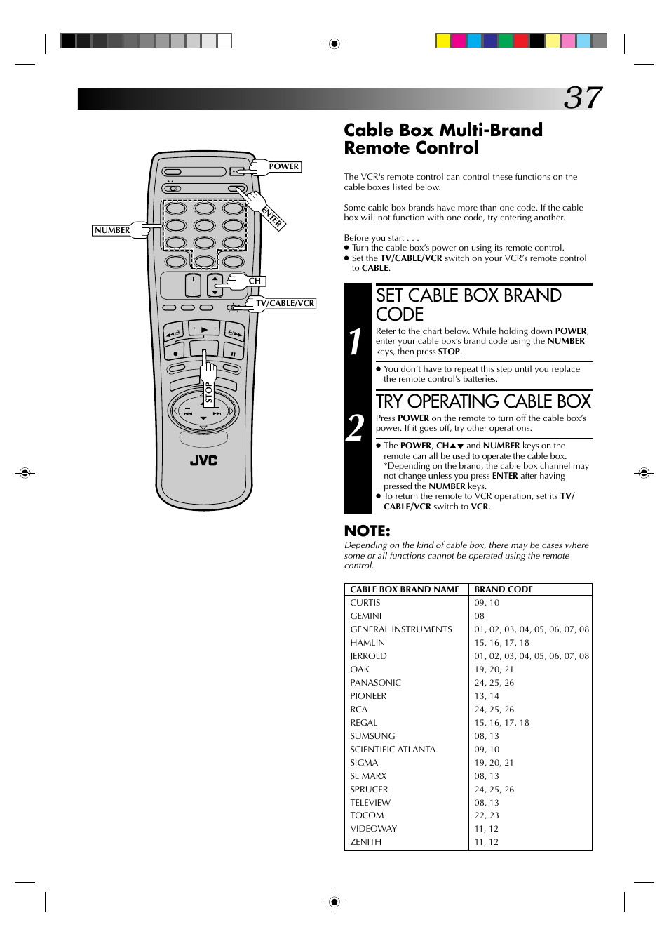 Set cable box brand code, Try operating cable box, Cable box multi-brand remote control | JVC HR-J630U User Manual | Page 37 / 46