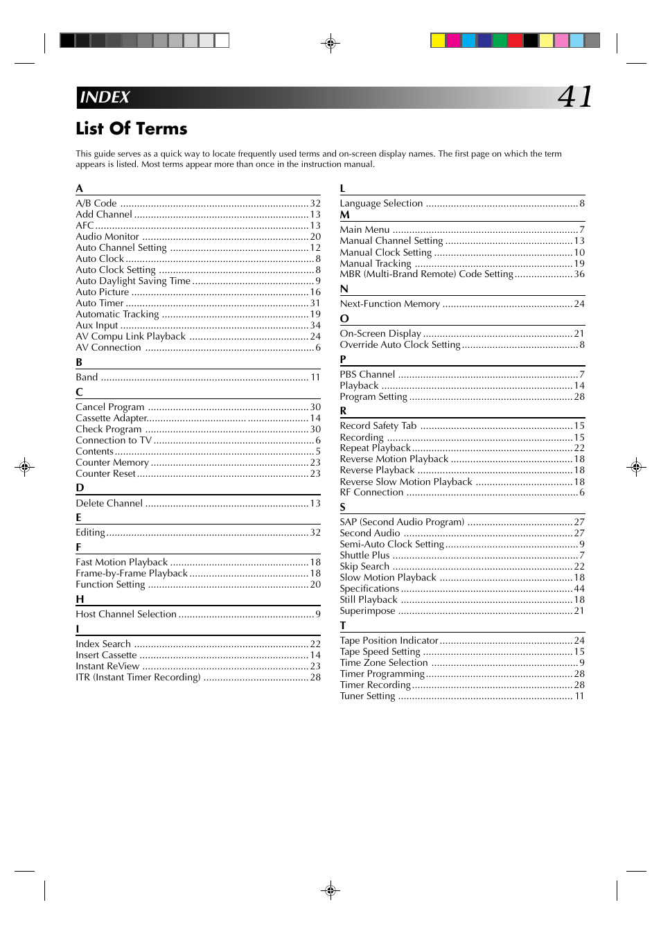 Index list of terms | JVC HR-J630U User Manual | Page 41 / 46