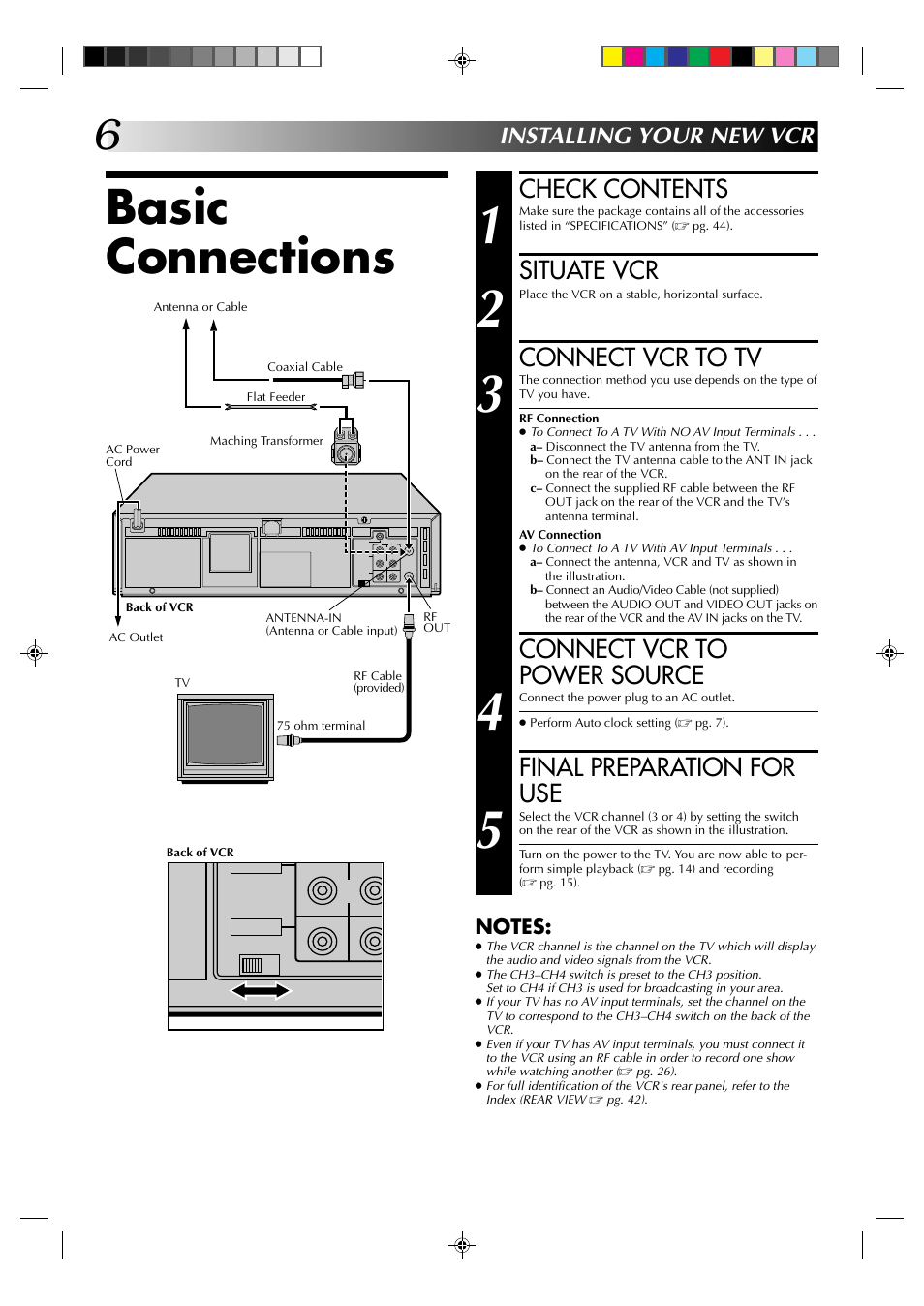Basic connections, Check contents, Situate vcr | Connect vcr to tv, Connect vcr to power source, Final preparation for use, Installing your new vcr | JVC HR-J630U User Manual | Page 6 / 46
